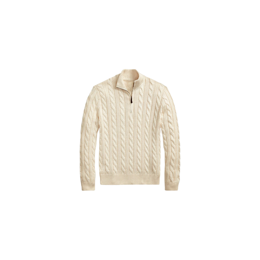 Klassischer RL Baumwollpullover mit Zopfmuster und Reißverschlusskragen