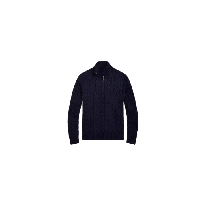 Klassischer RL Baumwollpullover mit Zopfmuster und Reißverschlusskragen