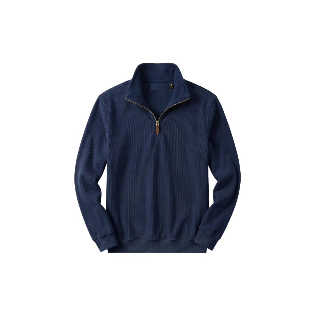 RL Men's Soft Cotton Sweater - Zip Funnel Neck & Long Sleeves - Navy