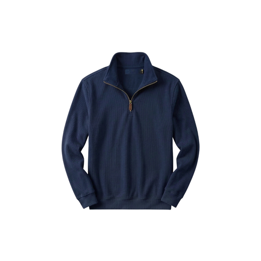 RL Men's Soft Cotton Sweater - Zip Funnel Neck & Long Sleeves - Navy