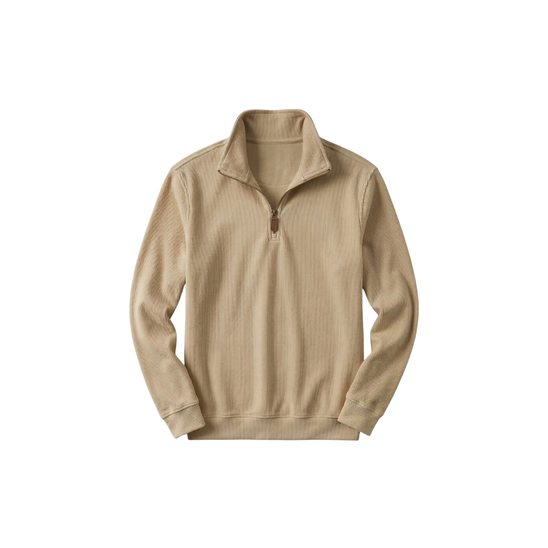 RL Men's Soft Cotton Sweater - Zip Funnel Neck & Long Sleeves - Beige