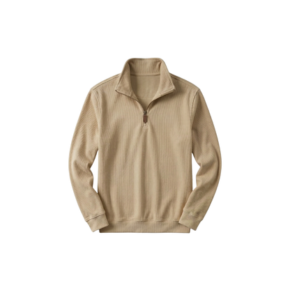 RL Men's Soft Cotton Sweater - Zip Funnel Neck & Long Sleeves - Beige