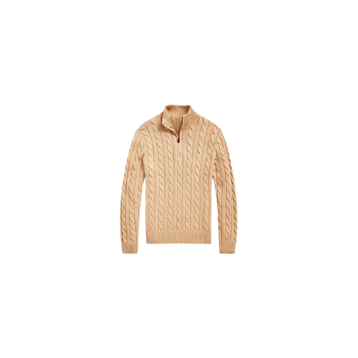 Classic RL Cable-Knit Cotton Sweater with Zip Collar - Beige