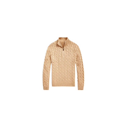 Classic RL Cable-Knit Cotton Sweater with Zip Collar - Beige