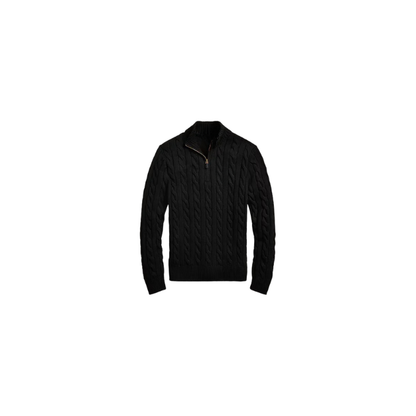 Classic RL Cable-Knit Cotton Sweater with Zip Collar - Black