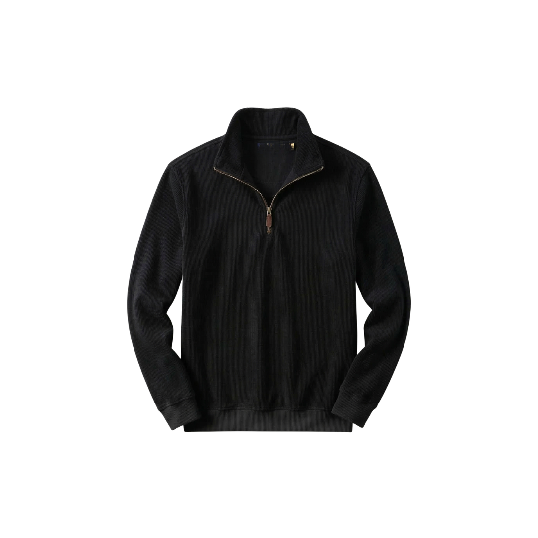 RL Men's Soft Cotton Sweater - Zip Funnel Neck & Long Sleeves - Black